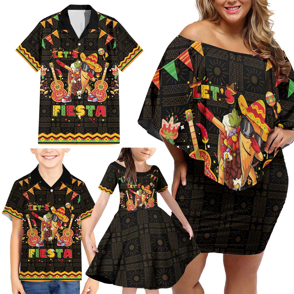 Mexico Cinco De Mayo Family Matching Off Shoulder Short Dress and Hawaiian Shirt Let's Fiesta Dabbing Taco