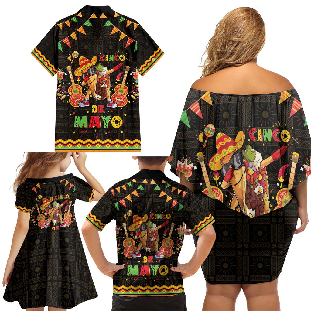 Mexico Cinco De Mayo Family Matching Off Shoulder Short Dress and Hawaiian Shirt Let's Fiesta Dabbing Taco
