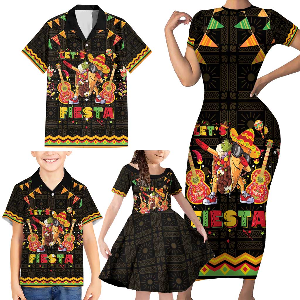 Mexico Cinco De Mayo Family Matching Short Sleeve Bodycon Dress and Hawaiian Shirt Let's Fiesta Dabbing Taco