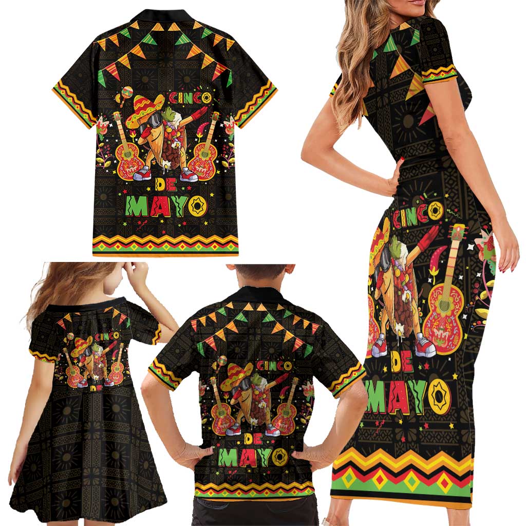 Mexico Cinco De Mayo Family Matching Short Sleeve Bodycon Dress and Hawaiian Shirt Let's Fiesta Dabbing Taco