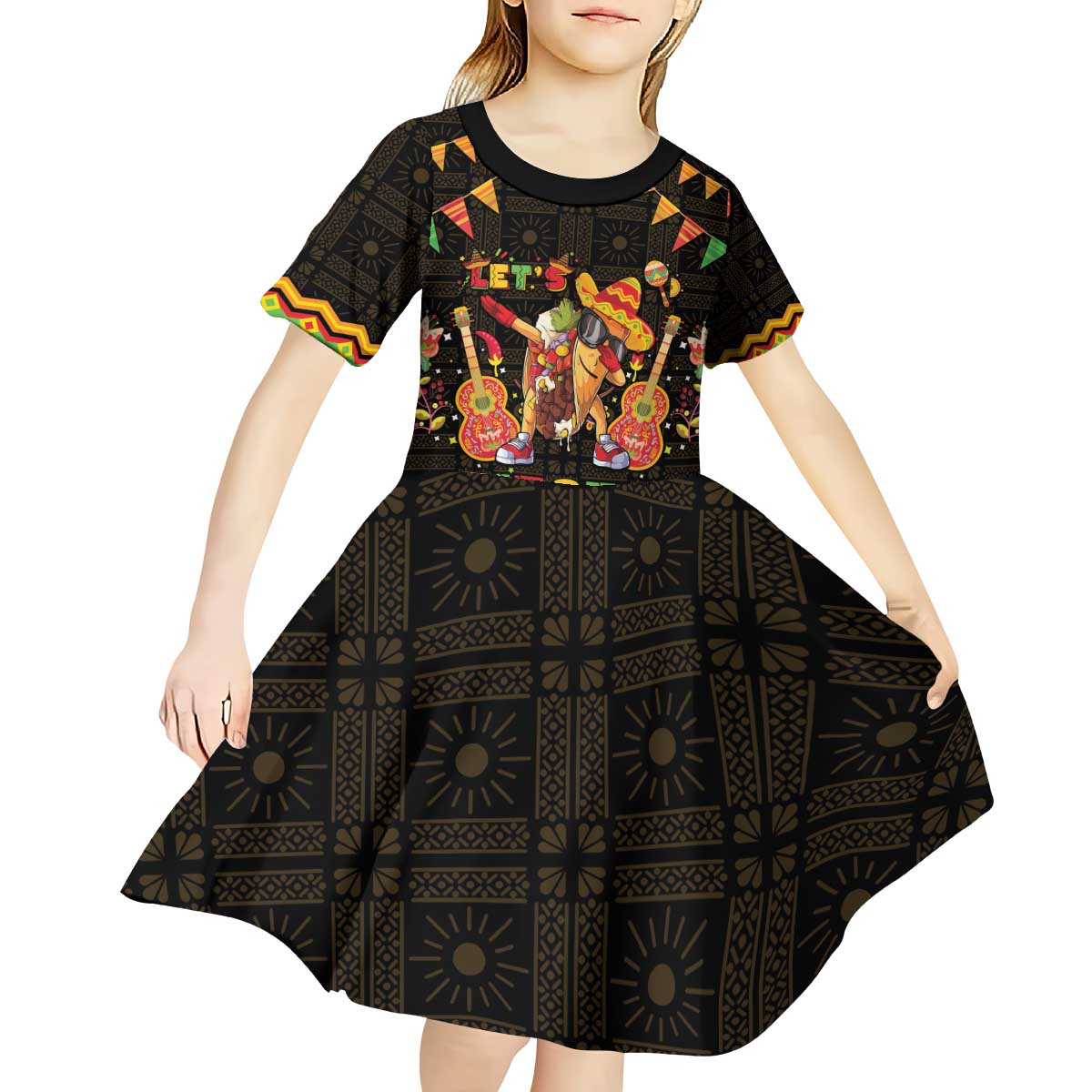 Mexico Cinco De Mayo Kid Short Sleeve Dress Let's Fiesta Dabbing Taco