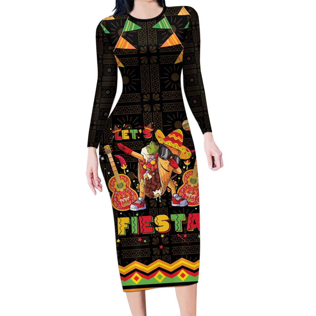Mexico Cinco De Mayo Long Sleeve Bodycon Dress Let's Fiesta Dabbing Taco