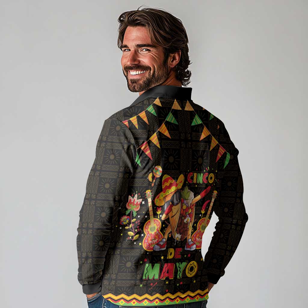 Mexico Cinco De Mayo Long Sleeve Polo Shirt Let's Fiesta Dabbing Taco