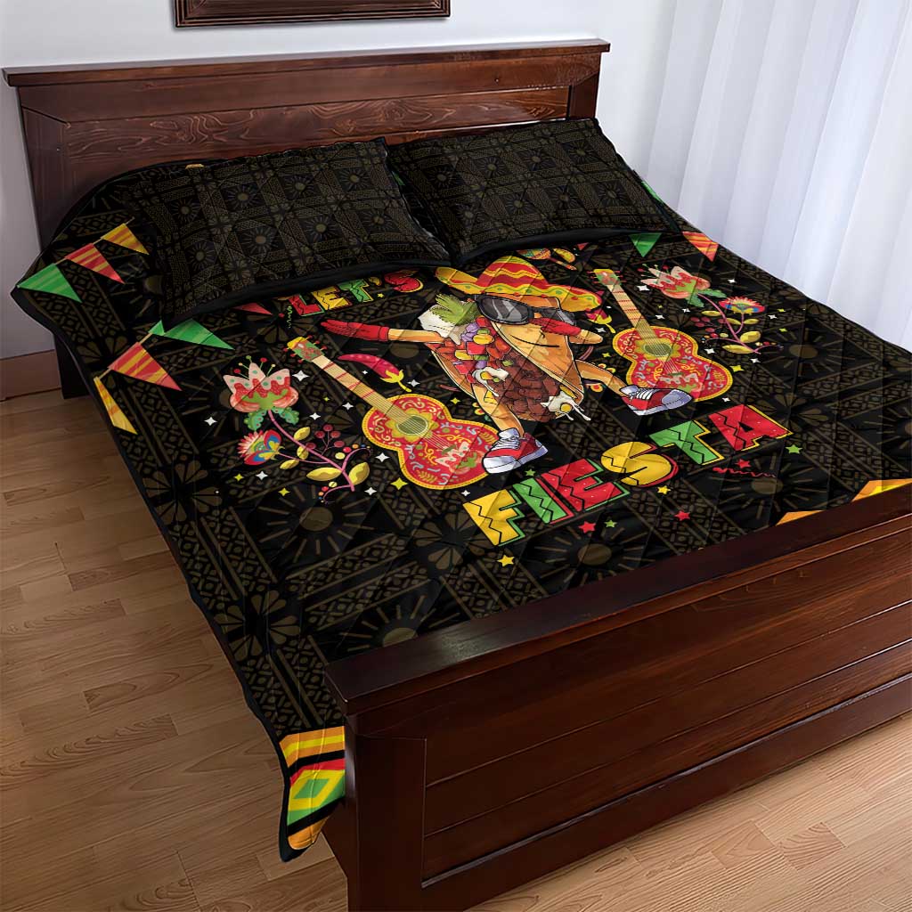 Mexico Cinco De Mayo Quilt Bed Set Let's Fiesta Dabbing Taco