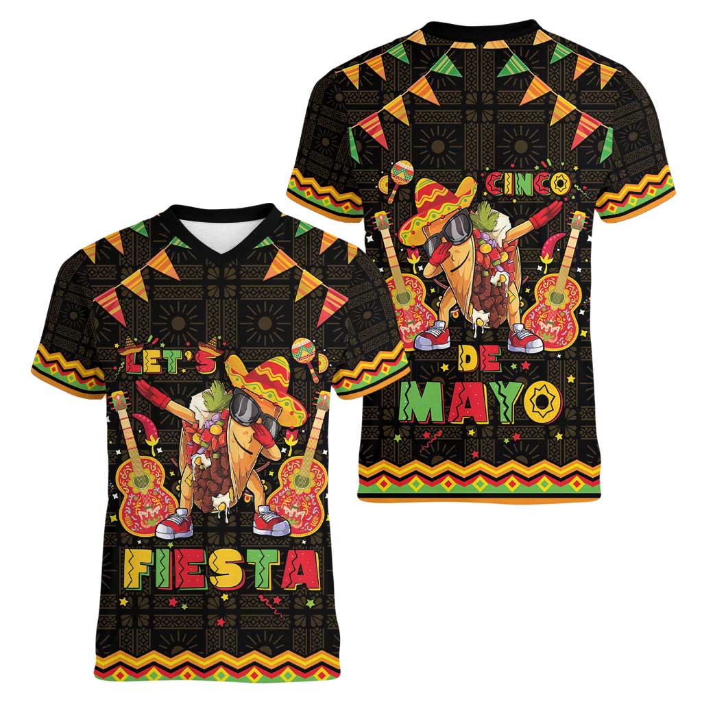 Mexico Cinco De Mayo Women V-Neck T-Shirt Let's Fiesta Dabbing Taco