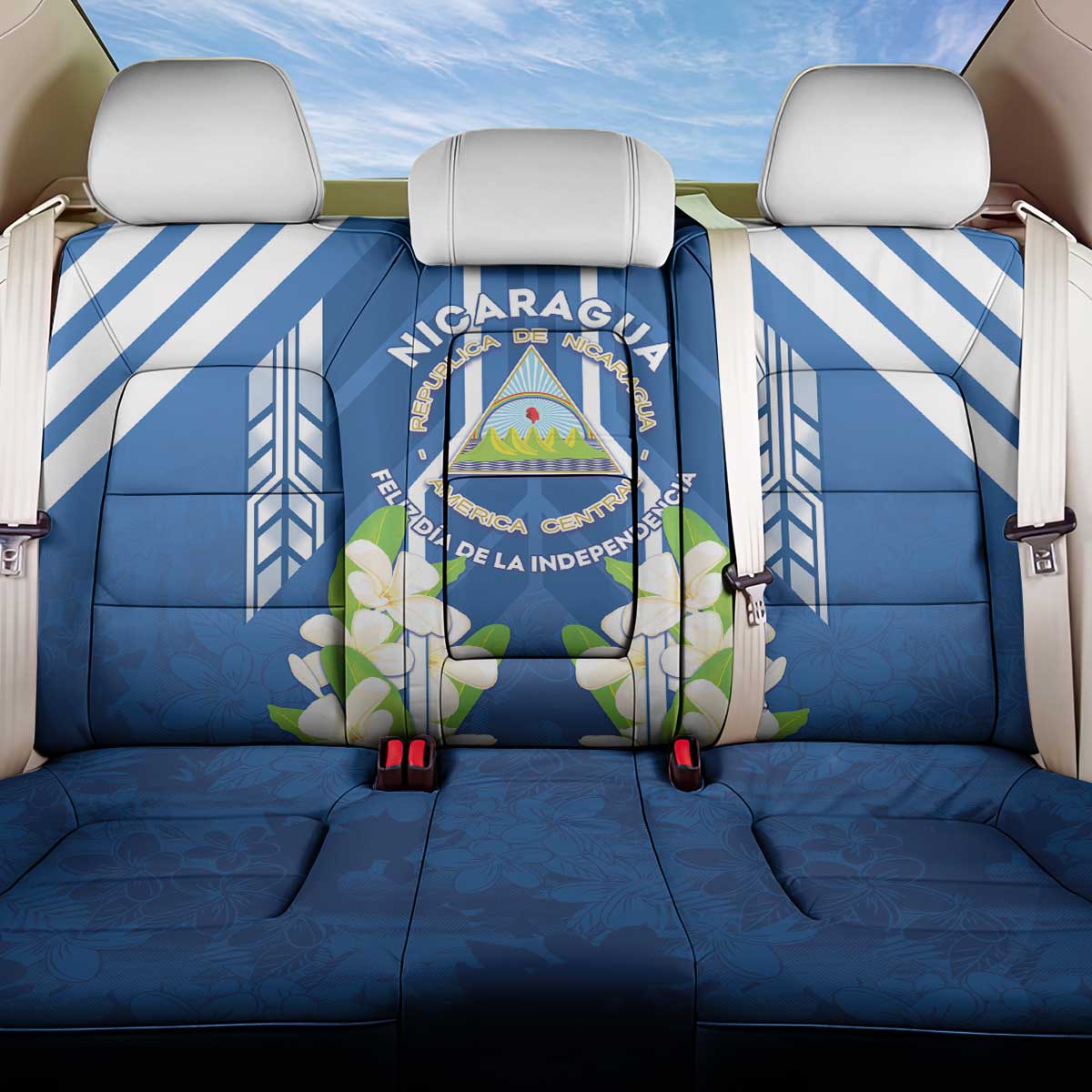 Nicaragua Independence Day 1821 Back Car Seat Cover Coat Of Arms With Plumeria - Wonder Print Shop