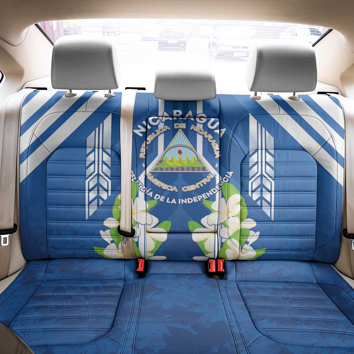 Nicaragua Independence Day 1821 Back Car Seat Cover Coat Of Arms With Plumeria - Wonder Print Shop