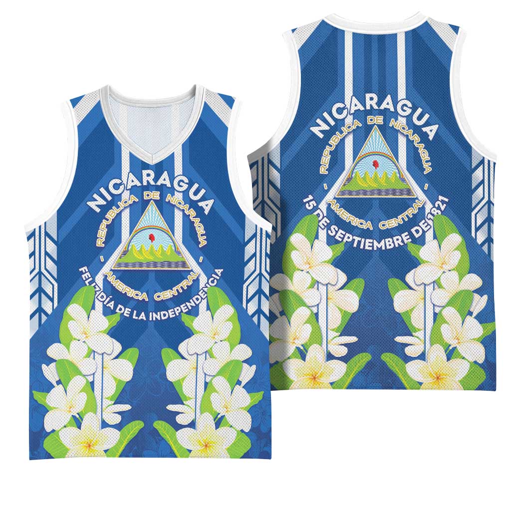 Nicaragua Independence Day 1821 Basketball Jersey Coat Of Arms With Plumeria - Wonder Print Shop