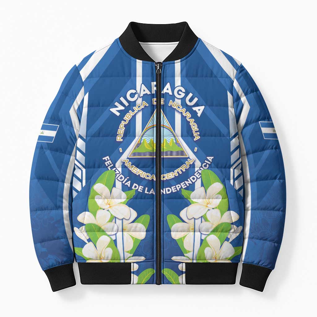 Nicaragua Independence Day 1821 Bomber Puffer Jacket Coat Of Arms With Plumeria - Wonder Print Shop