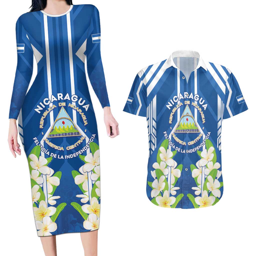 Nicaragua Independence Day 1821 Couples Matching Long Sleeve Bodycon Dress and Hawaiian Shirt Coat Of Arms With Plumeria - Wonder Print Shop