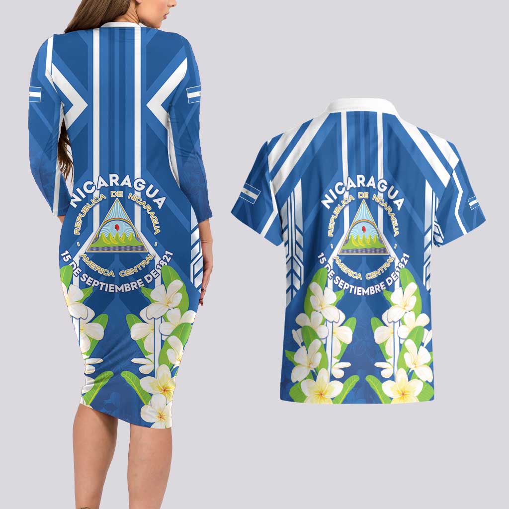 Nicaragua Independence Day 1821 Couples Matching Long Sleeve Bodycon Dress and Hawaiian Shirt Coat Of Arms With Plumeria - Wonder Print Shop