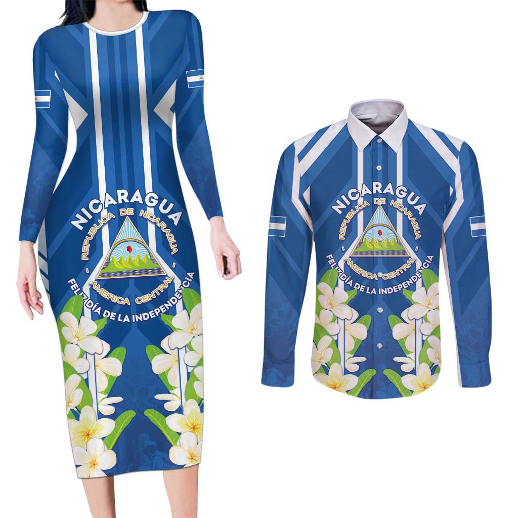 Nicaragua Independence Day 1821 Couples Matching Long Sleeve Bodycon Dress and Long Sleeve Button Shirt Coat Of Arms With Plumeria - Wonder Print Shop
