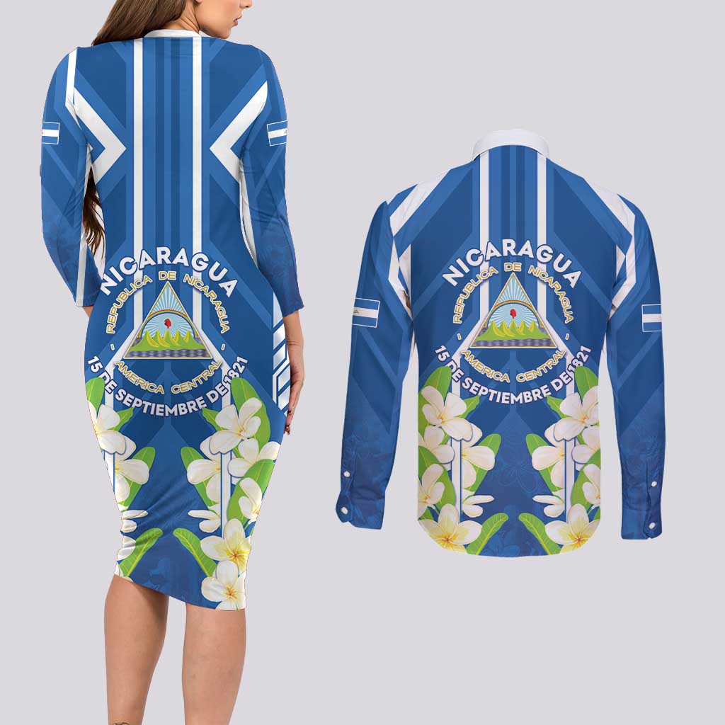Nicaragua Independence Day 1821 Couples Matching Long Sleeve Bodycon Dress and Long Sleeve Button Shirt Coat Of Arms With Plumeria - Wonder Print Shop