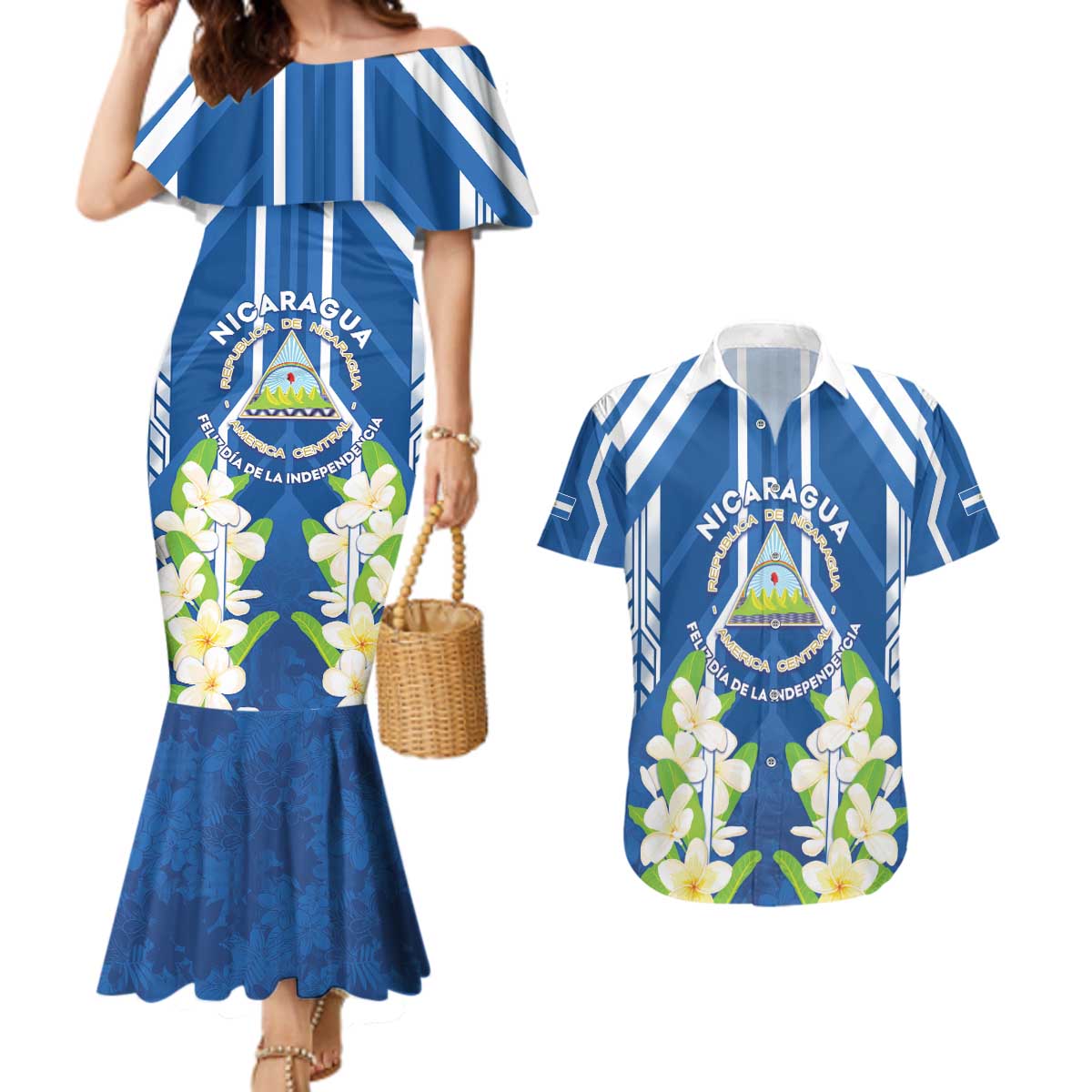 Nicaragua Independence Day 1821 Couples Matching Mermaid Dress and Hawaiian Shirt Coat Of Arms With Plumeria - Wonder Print Shop