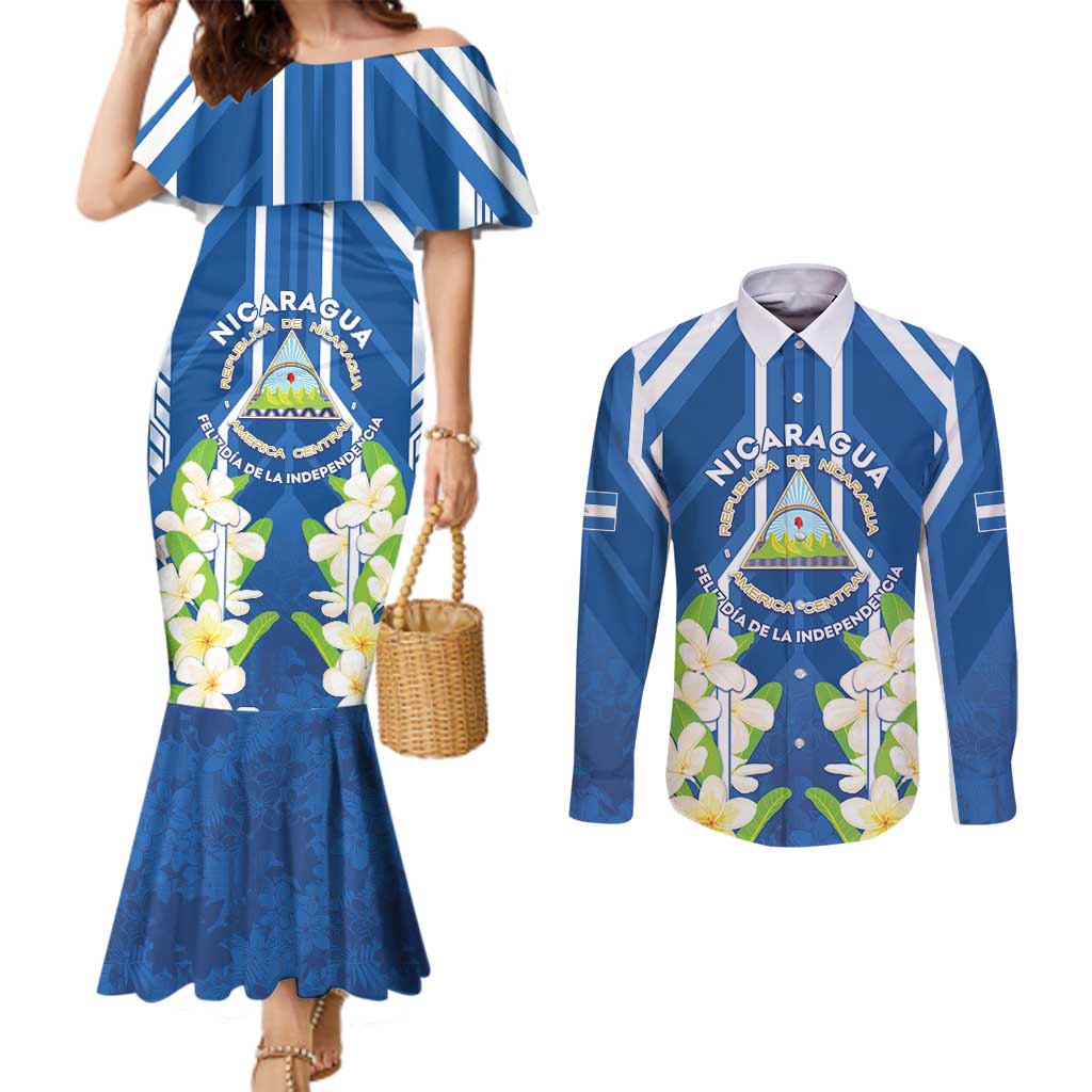 Nicaragua Independence Day 1821 Couples Matching Mermaid Dress and Long Sleeve Button Shirt Coat Of Arms With Plumeria - Wonder Print Shop