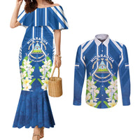 Nicaragua Independence Day 1821 Couples Matching Mermaid Dress and Long Sleeve Button Shirt Coat Of Arms With Plumeria - Wonder Print Shop