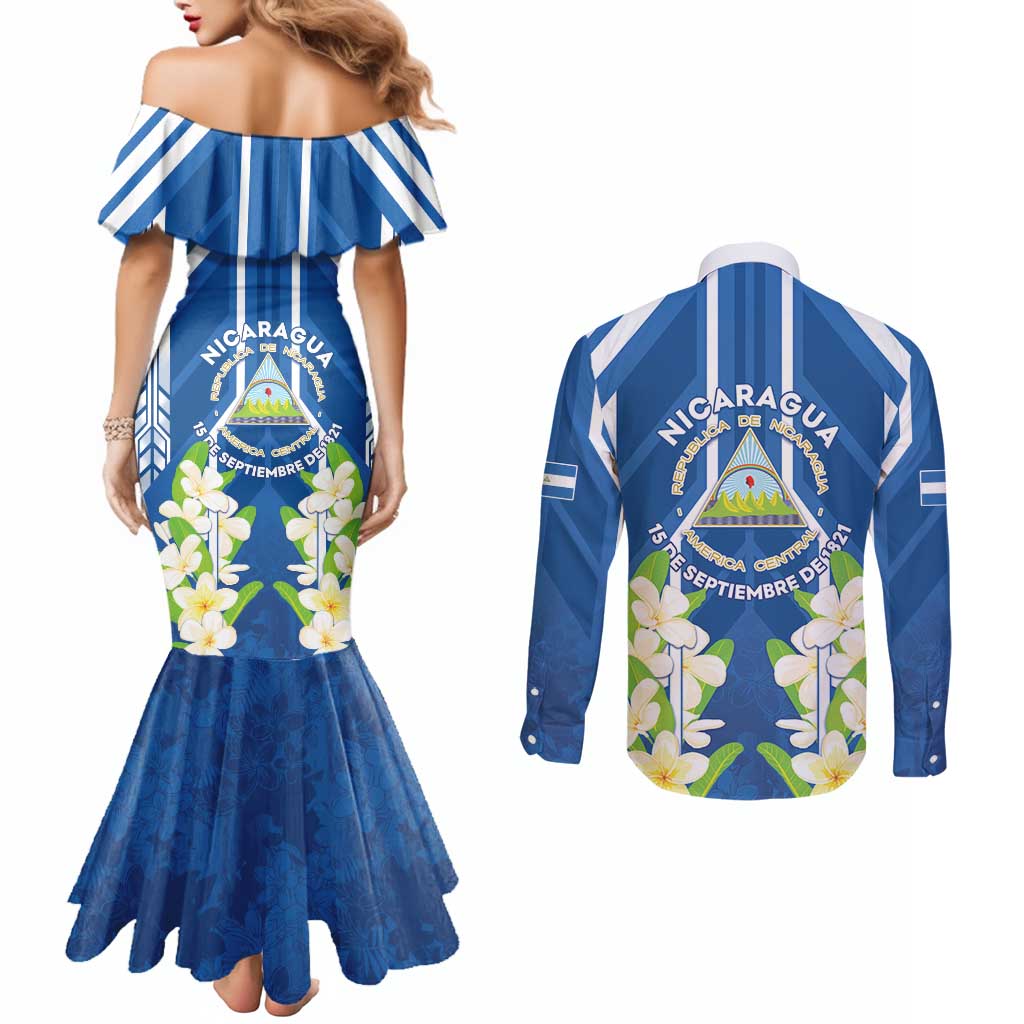 Nicaragua Independence Day 1821 Couples Matching Mermaid Dress and Long Sleeve Button Shirt Coat Of Arms With Plumeria - Wonder Print Shop
