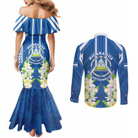 Nicaragua Independence Day 1821 Couples Matching Mermaid Dress and Long Sleeve Button Shirt Coat Of Arms With Plumeria - Wonder Print Shop