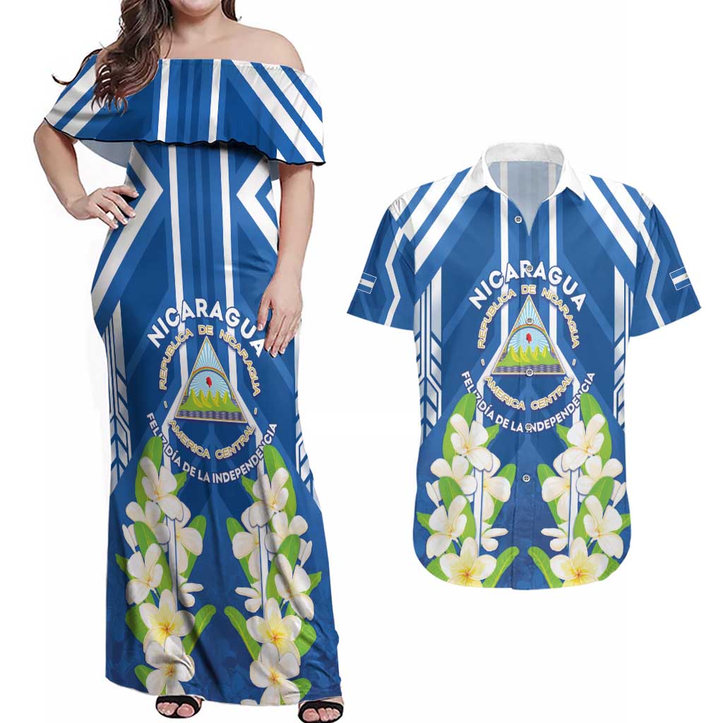 Nicaragua Independence Day 1821 Couples Matching Off Shoulder Maxi Dress and Hawaiian Shirt Coat Of Arms With Plumeria - Wonder Print Shop