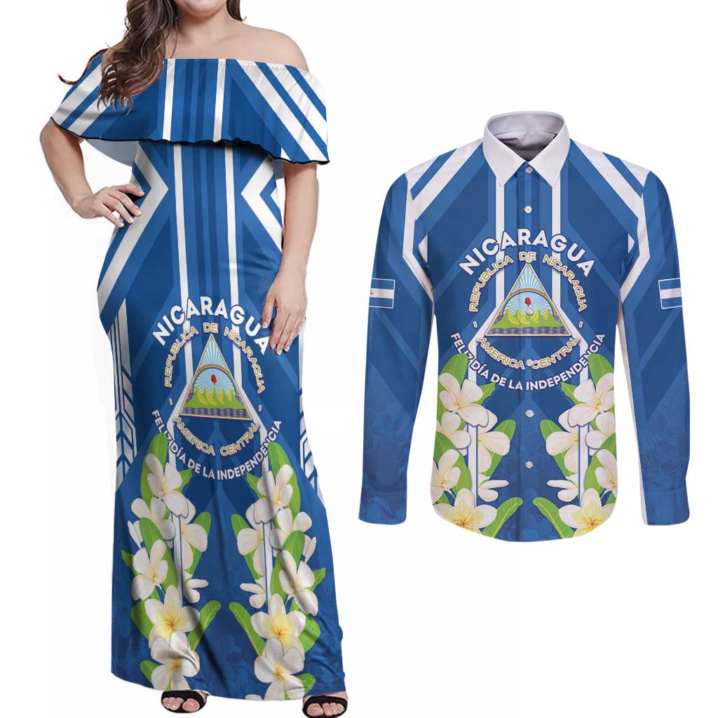 Nicaragua Independence Day 1821 Couples Matching Off Shoulder Maxi Dress and Long Sleeve Button Shirt Coat Of Arms With Plumeria - Wonder Print Shop