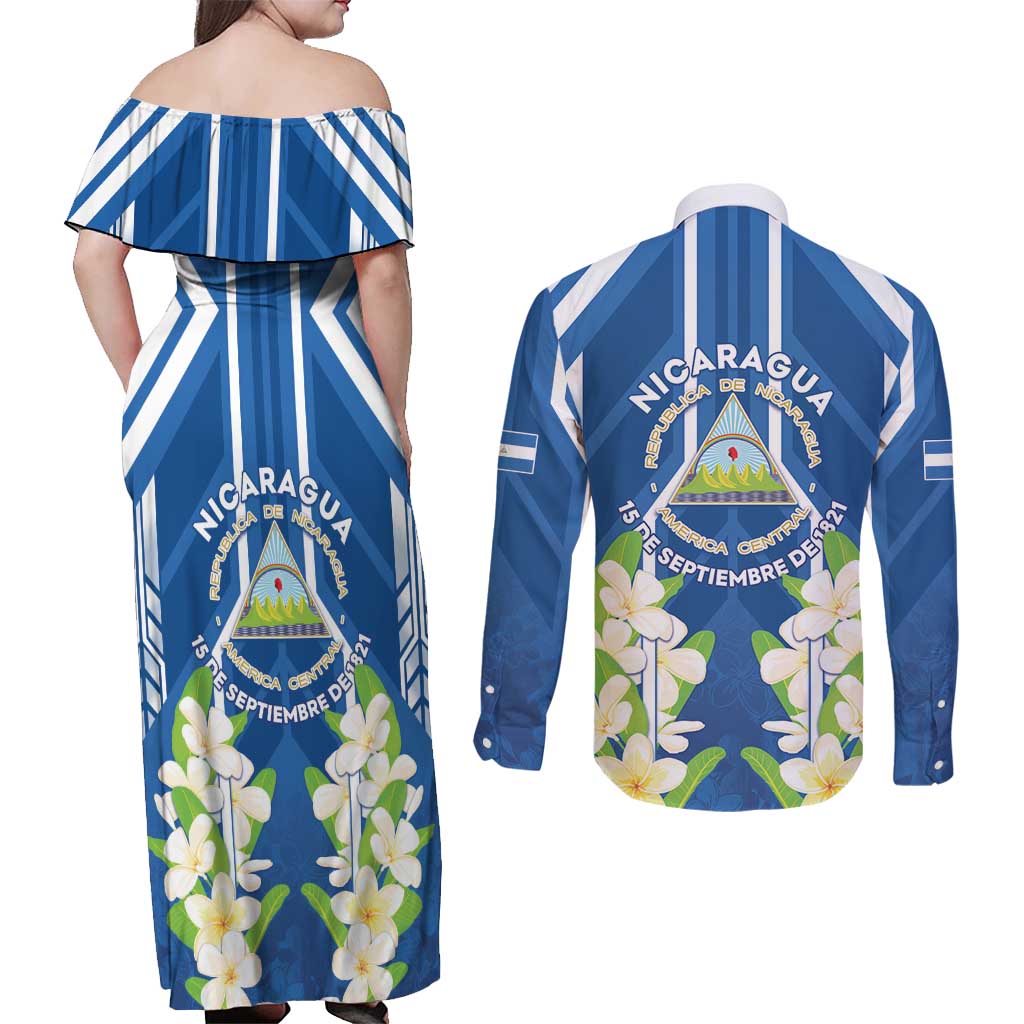 Nicaragua Independence Day 1821 Couples Matching Off Shoulder Maxi Dress and Long Sleeve Button Shirt Coat Of Arms With Plumeria - Wonder Print Shop