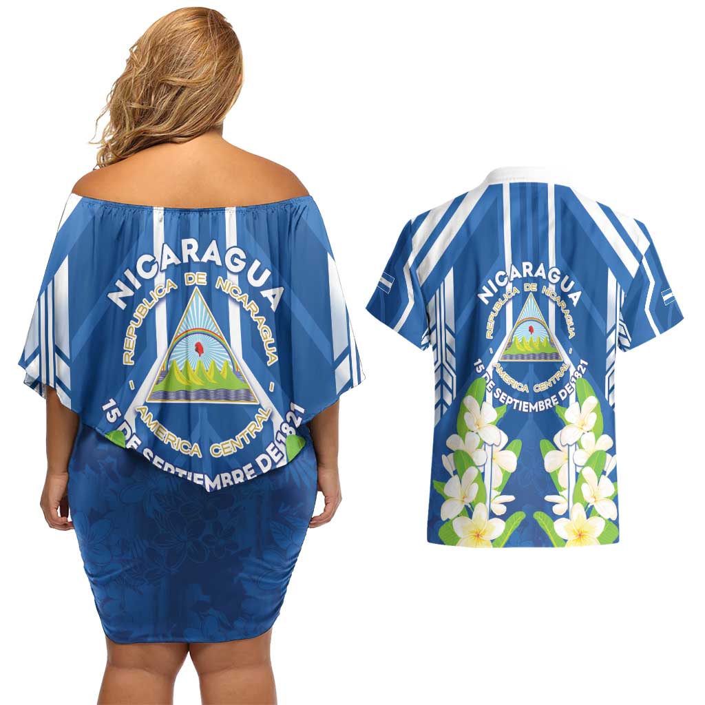 Nicaragua Independence Day 1821 Couples Matching Off Shoulder Short Dress and Hawaiian Shirt Coat Of Arms With Plumeria - Wonder Print Shop