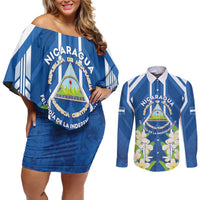Nicaragua Independence Day 1821 Couples Matching Off Shoulder Short Dress and Long Sleeve Button Shirt Coat Of Arms With Plumeria - Wonder Print Shop