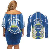 Nicaragua Independence Day 1821 Couples Matching Off Shoulder Short Dress and Long Sleeve Button Shirt Coat Of Arms With Plumeria - Wonder Print Shop