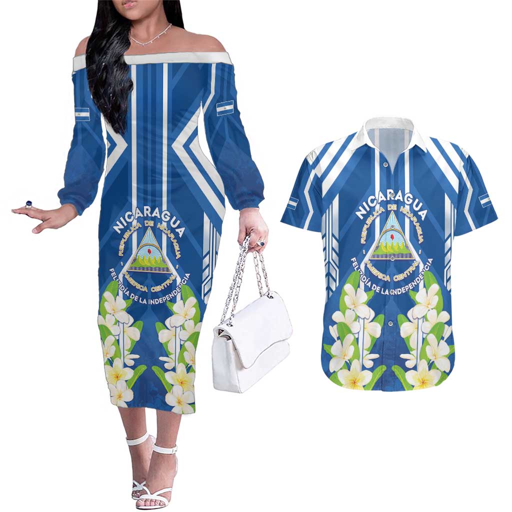 Nicaragua Independence Day 1821 Couples Matching Off The Shoulder Long Sleeve Dress and Hawaiian Shirt Coat Of Arms With Plumeria - Wonder Print Shop