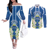Nicaragua Independence Day 1821 Couples Matching Off The Shoulder Long Sleeve Dress and Long Sleeve Button Shirt Coat Of Arms With Plumeria - Wonder Print Shop