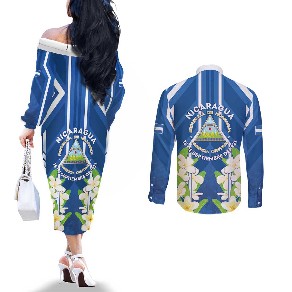 Nicaragua Independence Day 1821 Couples Matching Off The Shoulder Long Sleeve Dress and Long Sleeve Button Shirt Coat Of Arms With Plumeria - Wonder Print Shop