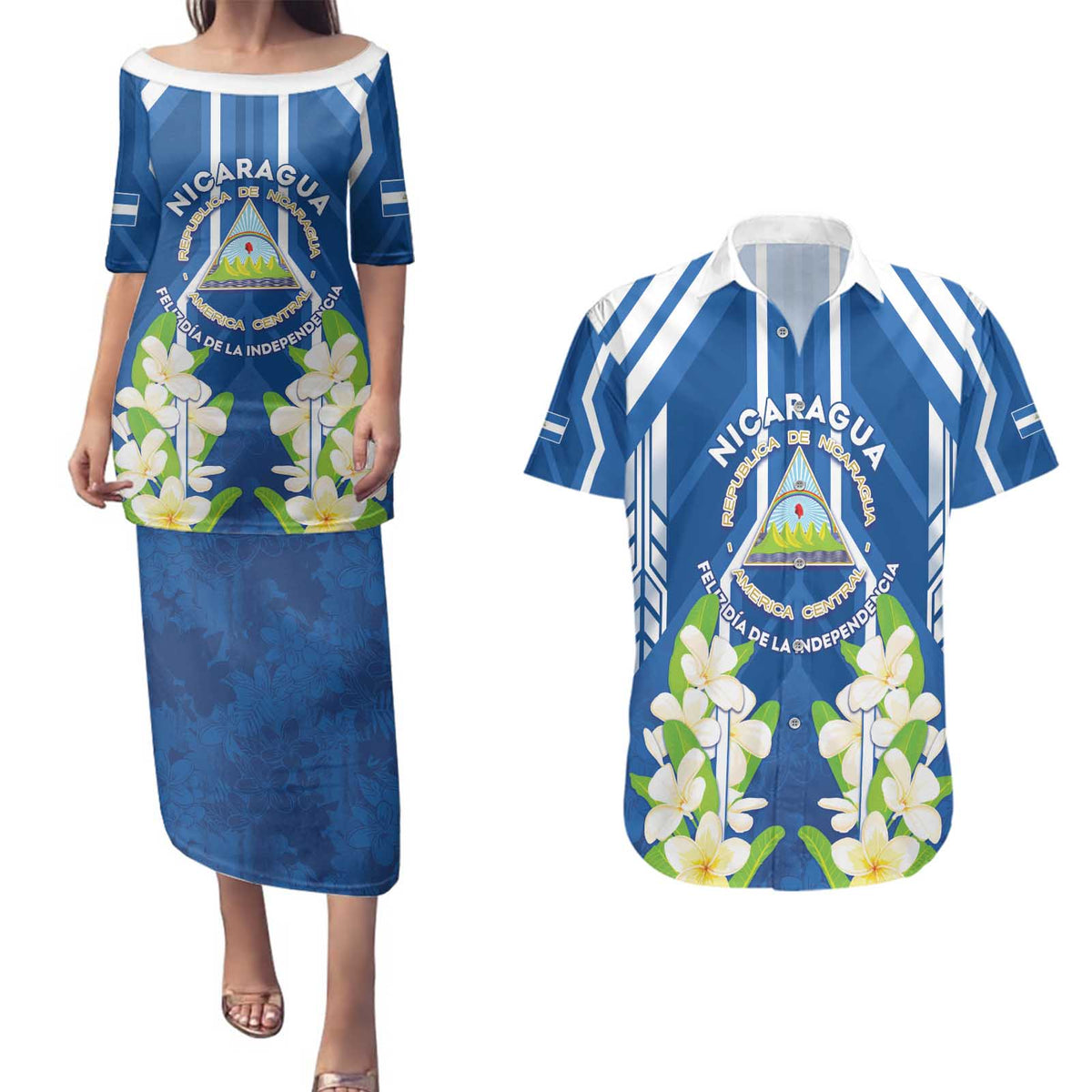 Nicaragua Independence Day 1821 Couples Matching Puletasi and Hawaiian Shirt Coat Of Arms With Plumeria - Wonder Print Shop