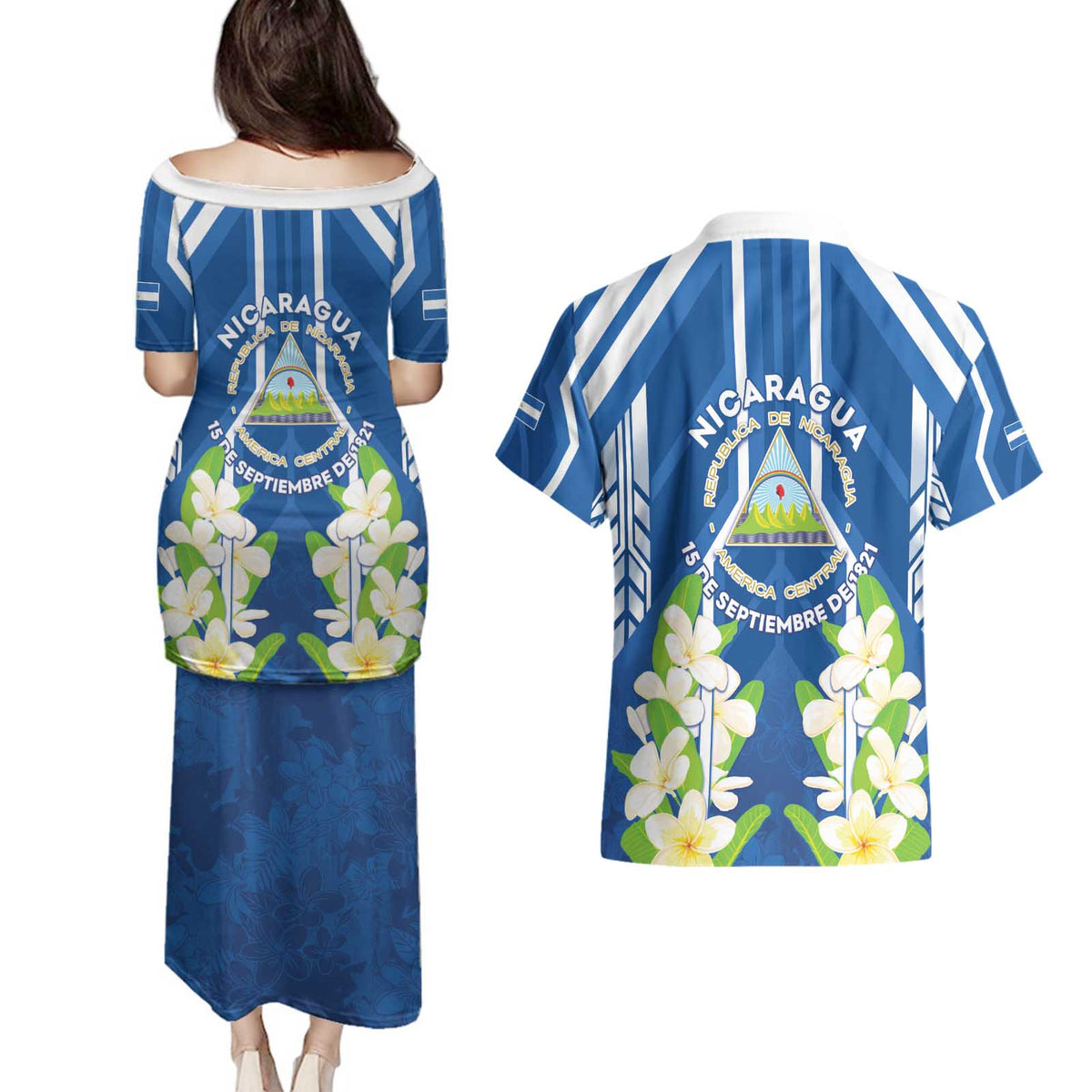 Nicaragua Independence Day 1821 Couples Matching Puletasi and Hawaiian Shirt Coat Of Arms With Plumeria - Wonder Print Shop