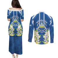 Nicaragua Independence Day 1821 Couples Matching Puletasi and Long Sleeve Button Shirt Coat Of Arms With Plumeria - Wonder Print Shop