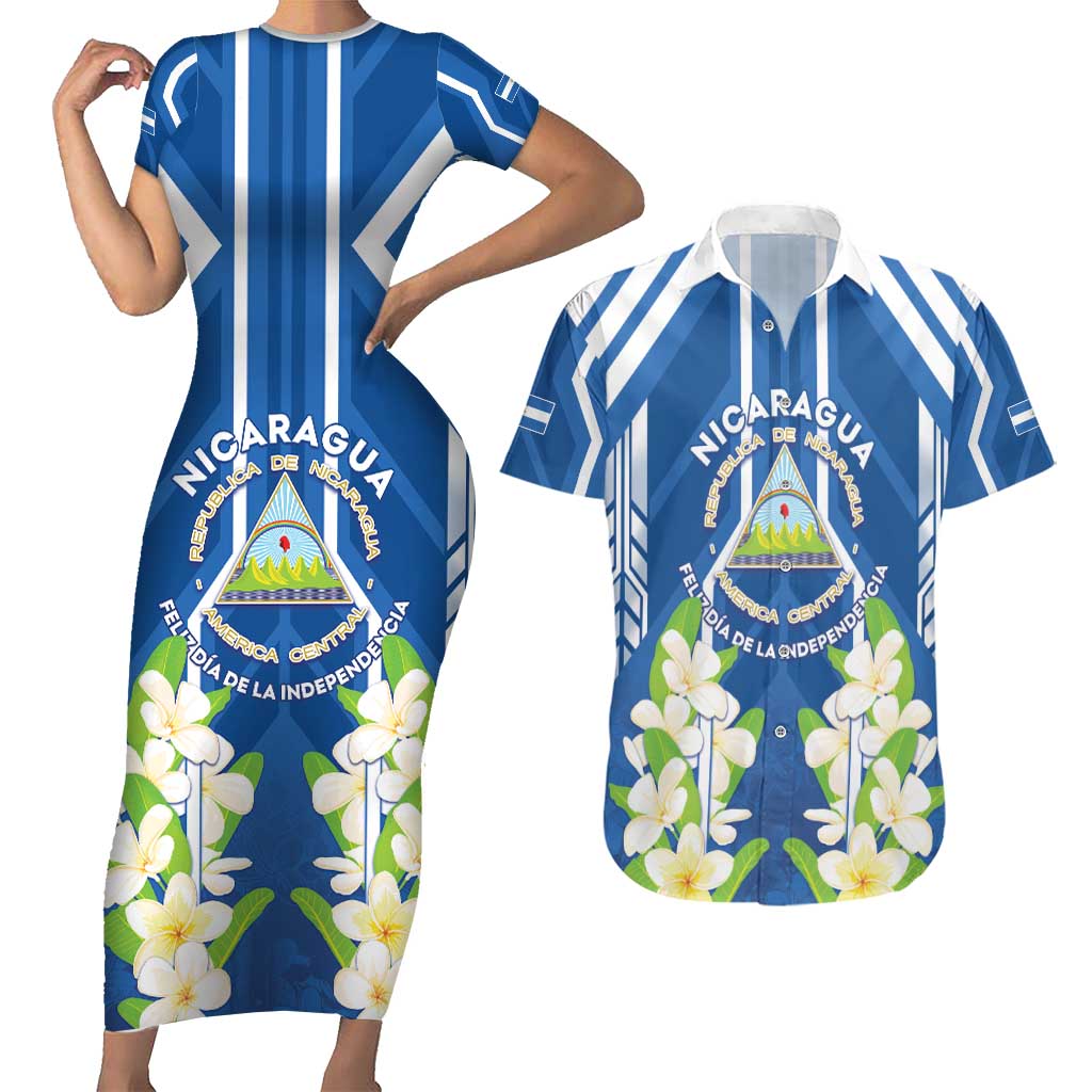Nicaragua Independence Day 1821 Couples Matching Short Sleeve Bodycon Dress and Hawaiian Shirt Coat Of Arms With Plumeria - Wonder Print Shop
