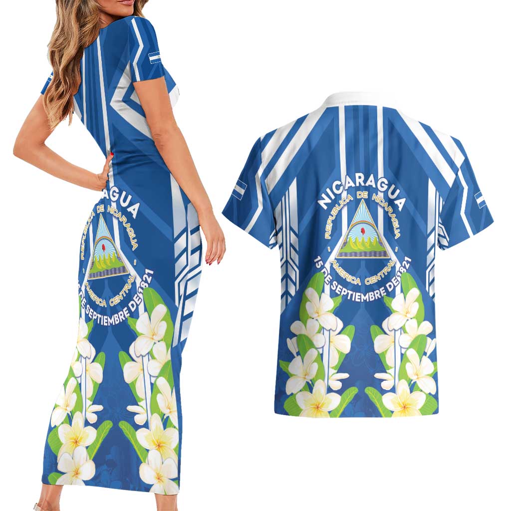 Nicaragua Independence Day 1821 Couples Matching Short Sleeve Bodycon Dress and Hawaiian Shirt Coat Of Arms With Plumeria - Wonder Print Shop