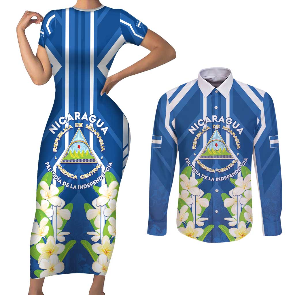 Nicaragua Independence Day 1821 Couples Matching Short Sleeve Bodycon Dress and Long Sleeve Button Shirt Coat Of Arms With Plumeria - Wonder Print Shop