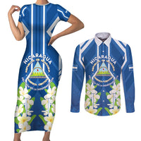 Nicaragua Independence Day 1821 Couples Matching Short Sleeve Bodycon Dress and Long Sleeve Button Shirt Coat Of Arms With Plumeria - Wonder Print Shop