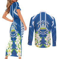Nicaragua Independence Day 1821 Couples Matching Short Sleeve Bodycon Dress and Long Sleeve Button Shirt Coat Of Arms With Plumeria - Wonder Print Shop