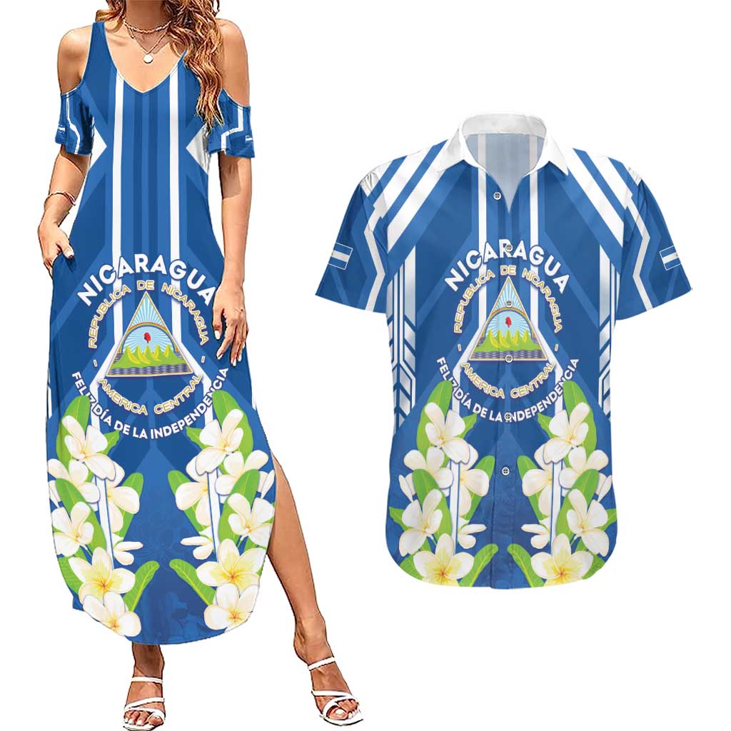 Nicaragua Independence Day 1821 Couples Matching Summer Maxi Dress and Hawaiian Shirt Coat Of Arms With Plumeria - Wonder Print Shop