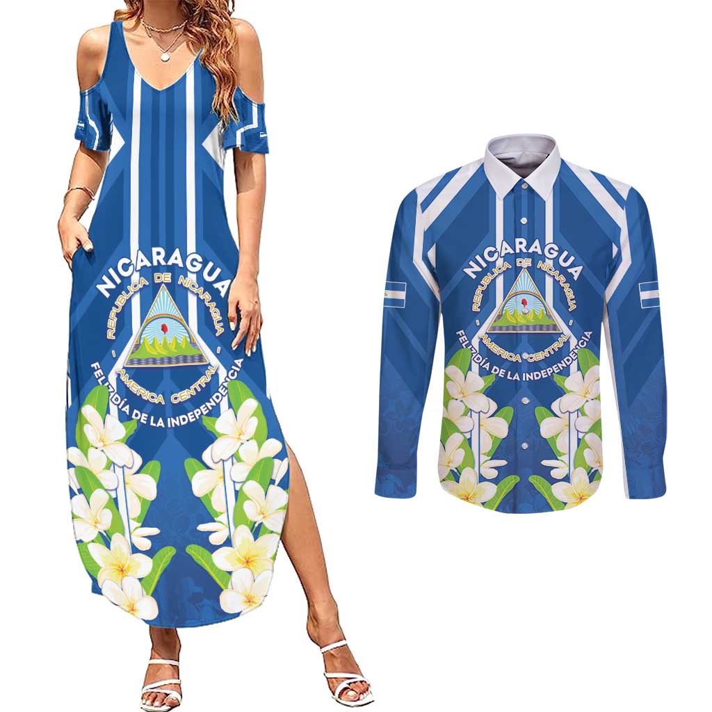 Nicaragua Independence Day 1821 Couples Matching Summer Maxi Dress and Long Sleeve Button Shirt Coat Of Arms With Plumeria - Wonder Print Shop