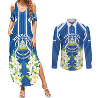 Nicaragua Independence Day 1821 Couples Matching Summer Maxi Dress and Long Sleeve Button Shirt Coat Of Arms With Plumeria - Wonder Print Shop