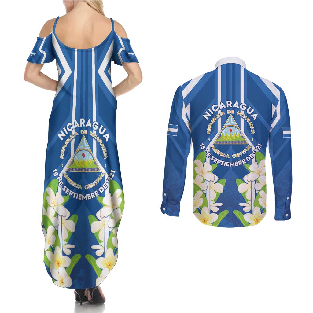 Nicaragua Independence Day 1821 Couples Matching Summer Maxi Dress and Long Sleeve Button Shirt Coat Of Arms With Plumeria - Wonder Print Shop