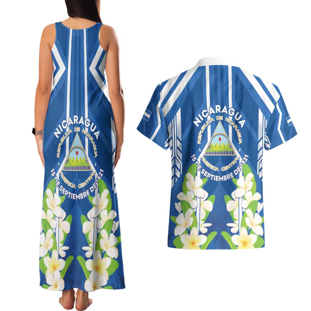 Nicaragua Independence Day 1821 Couples Matching Tank Maxi Dress and Hawaiian Shirt Coat Of Arms With Plumeria - Wonder Print Shop