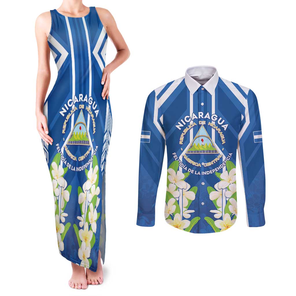Nicaragua Independence Day 1821 Couples Matching Tank Maxi Dress and Long Sleeve Button Shirt Coat Of Arms With Plumeria - Wonder Print Shop