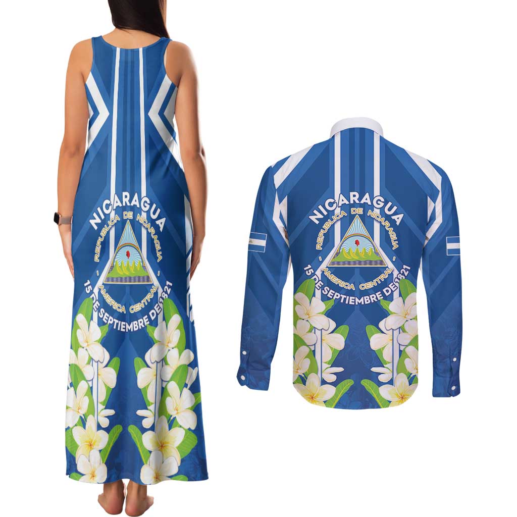 Nicaragua Independence Day 1821 Couples Matching Tank Maxi Dress and Long Sleeve Button Shirt Coat Of Arms With Plumeria - Wonder Print Shop