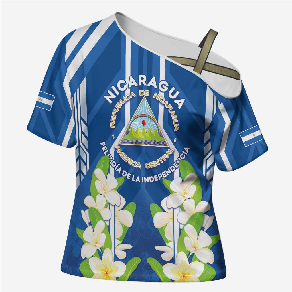 Nicaragua Independence Day 1821 Cross Shoulder Shirt Coat Of Arms With Plumeria - Wonder Print Shop