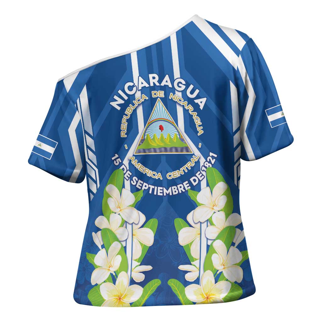 Nicaragua Independence Day 1821 Cross Shoulder Shirt Coat Of Arms With Plumeria - Wonder Print Shop