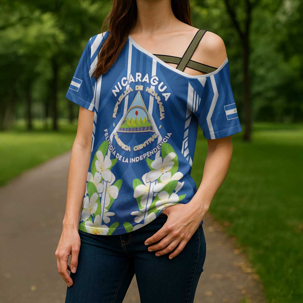 Nicaragua Independence Day 1821 Cross Shoulder Shirt Coat Of Arms With Plumeria - Wonder Print Shop