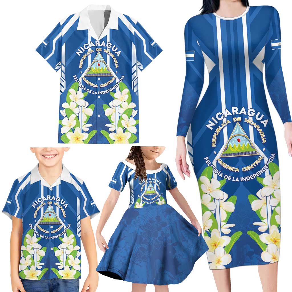 Nicaragua Independence Day 1821 Family Matching Long Sleeve Bodycon Dress and Hawaiian Shirt Coat Of Arms With Plumeria - Wonder Print Shop
